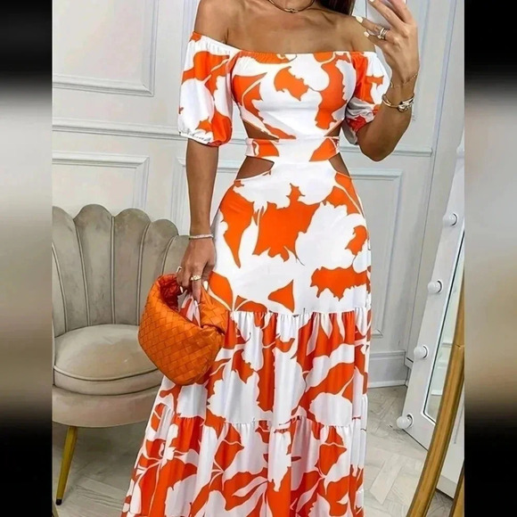 Graphic Print Off Shoulder Cut Out Waist Ruffle Hem Dress - Picture 1 of 3